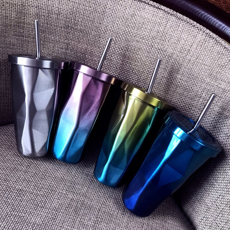 Double Layer Stainless Steel Rhombus Straw Cup